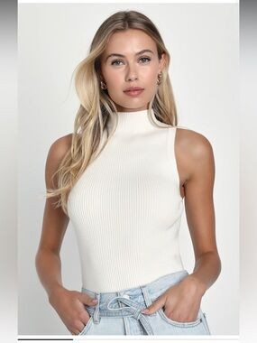 Ivory ribbed mock neck sweater tank top